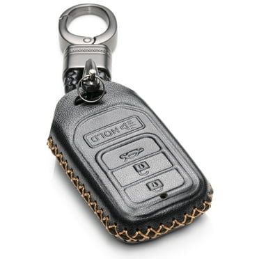 Vitodeco Genuine Leather Smart Key Keyless Remote Entry Fob Case Cover with Key Chain for Honda Civic, Fit, Accord, Pilot, CR-V (4 Buttons, Black)