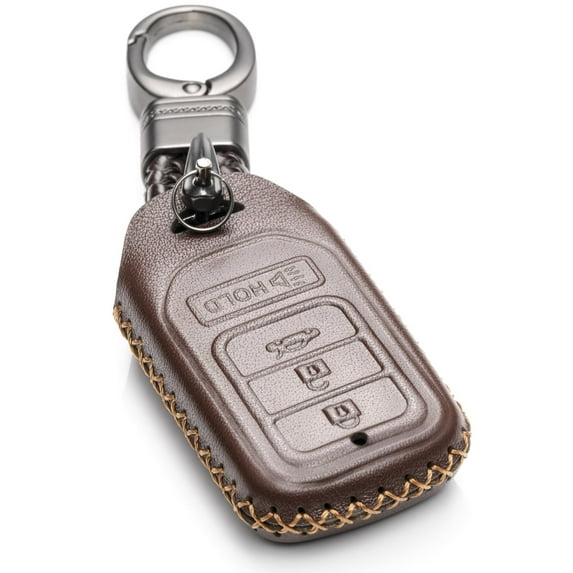 Vitodeco Genuine Leather Smart Key Keyless Remote Entry Fob Case Cover with Key Chain for Honda Civic, Fit, Accord, Pilot, CR-V (4 Buttons, Brown)