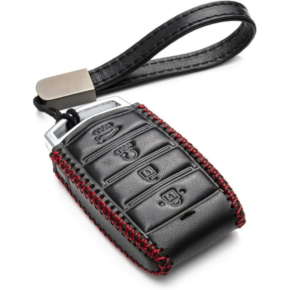 Vitodeco Leather Key Fob Case Compatible for 2017-2020 Genesis G70, G80, G90, Remote Start, 4-Button, Black/Red