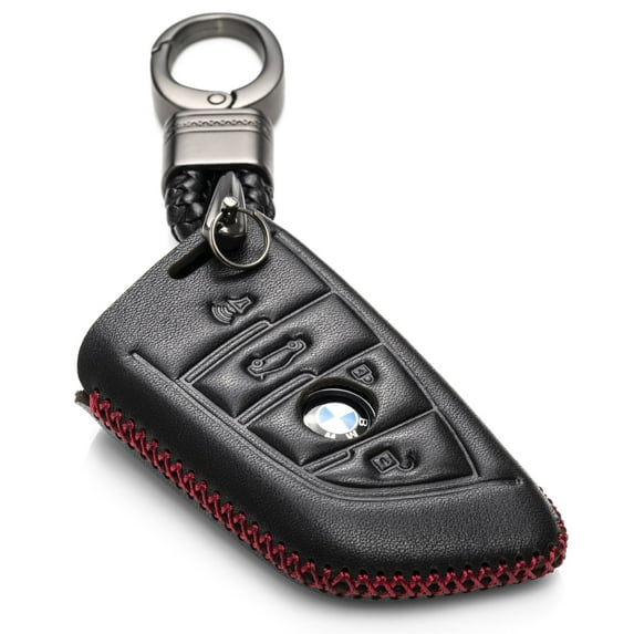 Vitodeco Leather Smar Key Fob Case Compatible with BMW 2, 3, 5, 6, 7, M Series, X1, X3, X4, X5, X6, X7 2014-2022 (4-Button, Black/Red)
