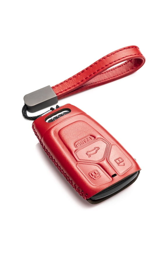 Leather Smart Key Fob Case Compatible with Audi A4, A5, Q7, S4, S5, SQ5, TT 2017 - 2022 (4-Button, Red)
