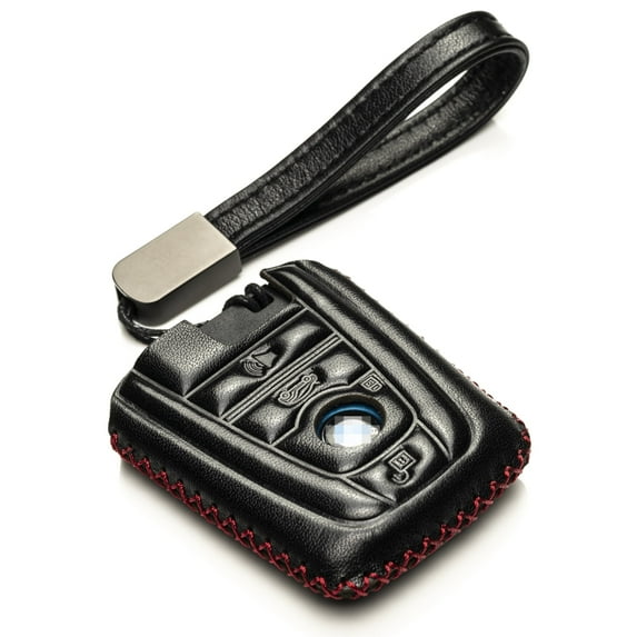 Vitodeco Leather Smart Key Fob Case Compatible with BMW I3, BMW I8 (2014-2021 Models) - 4-Button, Black/Red