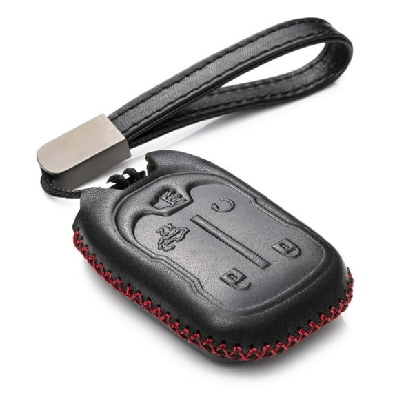 Vitodeco Leather Smart Key Fob Case Compatible with Chevrolet Silverado 1500, 2500, 3500 2019 - 2023, GMC Sierra 2019 - 2023 (5-Button, Black/Red)