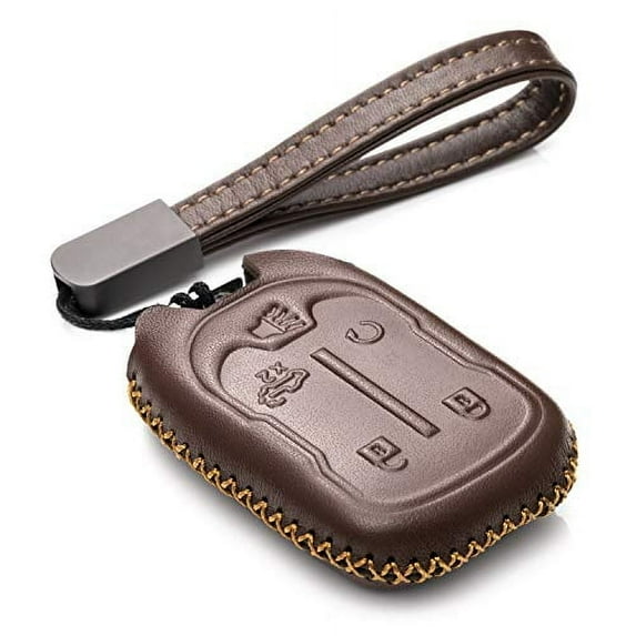 Vitodeco Leather Smart Key Fob Case Compatible with Chevrolet Silverado 1500, 2500, 3500, GMC Sierra (2019 - 2023 Models) - 5-Button, Brown