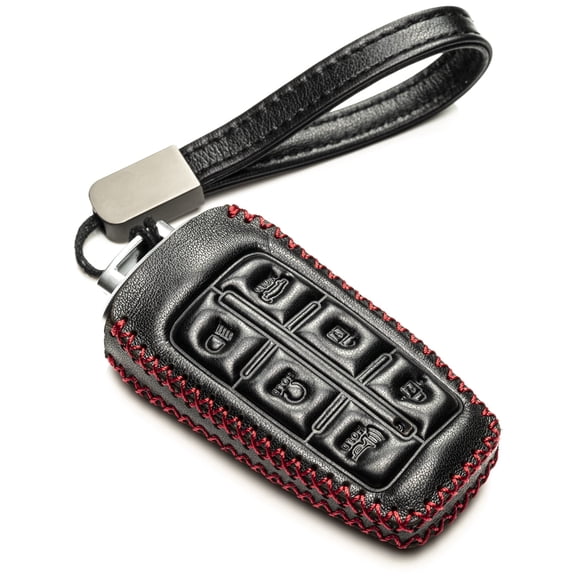 Vitodeco Leather Smart Key Fob Case Cover Protector Compatible with Genesis GV70, GV80, G70, G80 (2021-2025 Models) - 6-Button, Black/Red