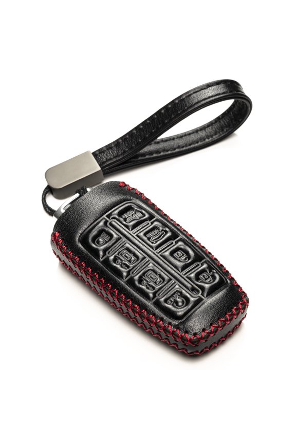 Leather Smart Key Fob Case Cover Protector Compatible with Genesis GV70, GV80, G70, G80 (2021-2025 Models) - 8-Button, Black/Red