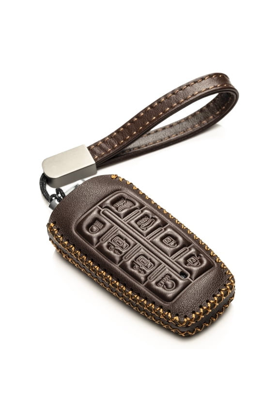 Leather Smart Key Fob Case Cover Protector Compatible with Genesis GV70, GV80, G70, G80 (2021-2025 Models) - 8-Button, Brown