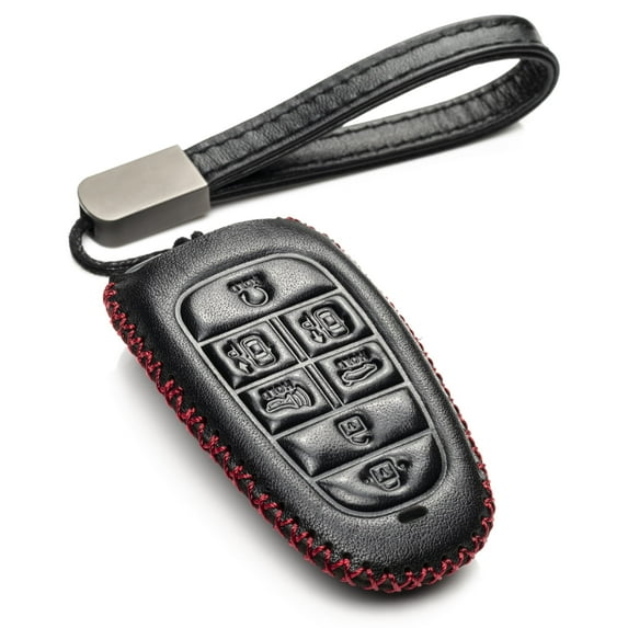 Vitodeco Leather Smart Key Fob Case Cover Protector Compatible with Tucson, Santa FE, Sonata, Nexo (2019 - 2024 Models) - 7-Button, Black/Red