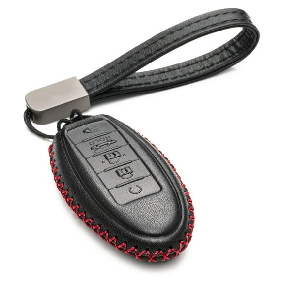 Vitodeco Leather Smart Key Fob Case Compatible with Nissan Versa, Sentra, Altima, Maxima, Rogue 2007-2022 (5-Button, Black/Red)