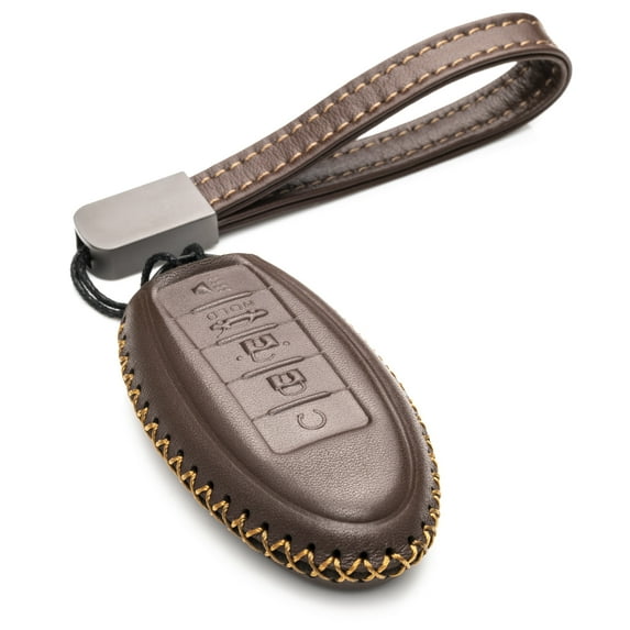 Vitodeco Leather Smart Key Fob Case Compatible with Nissan Versa, Sentra, Altima, Maxima, Rogue 2007-2022 (5-Button, Brown)