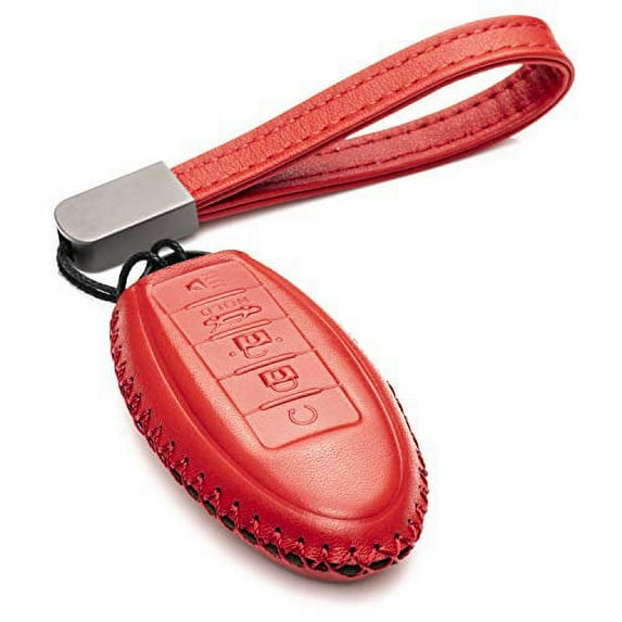 Vitodeco Leather Smart Key Fob Case Compatible with Nissan Versa, Sentra, Altima, Maxima, Rogue 2007-2022 (5-Button, Red)