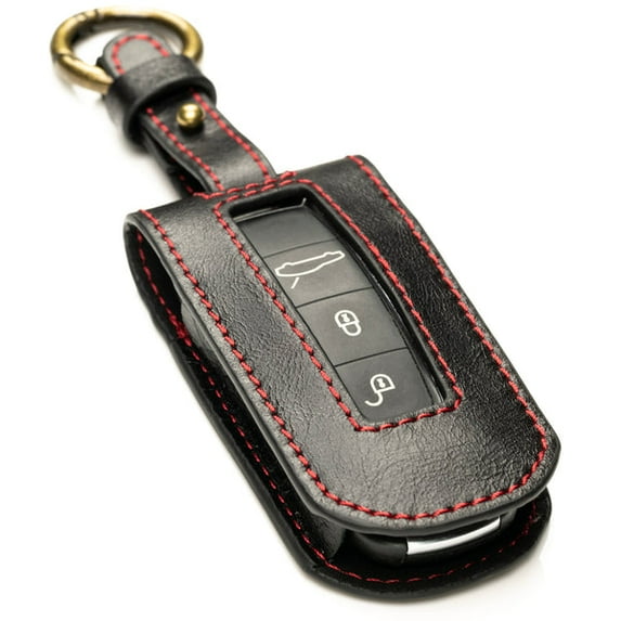 Vitodeco Superior Leather Key Fob Case Compatible for Porsche Cayenne, Macan, Panamera, 718, 911 - (2020-2026 models) - 3-Button or 4-Button, Black/Red