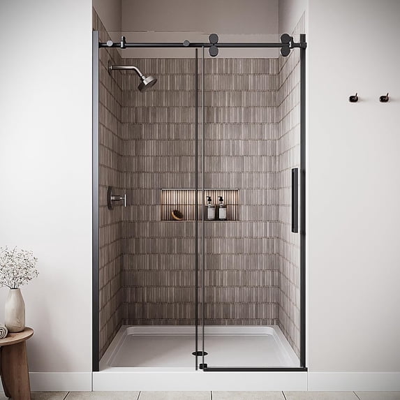 Vitravo 48'' x 76'' Semi-Frameless Sliding Shower Door with CrystalTech Treated 5/16'' Tempered, Clear Glass, Matte Black Hardware, SKU: AQ-1530-BL-L-R