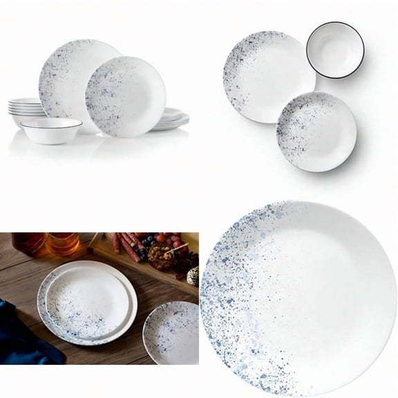 Vitrelle 18-Piece Service for 6 Dinnerware Set Triple Layer Glass and Chip Resistant Lightweight Round Plates and Bowls Set Indigo Speckle