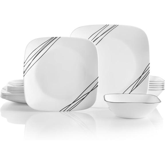 Vitrelle 18-Piece Service for 6 Dinnerware Set Triple Layer Glass and Chip Resistant, Lightweight Square Plates and Bowls Set, Simple Sketch