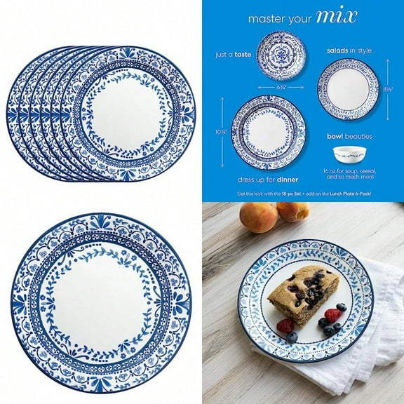 Vitrelle 6 PIECE Dinner Plates Set Triple Layer Glass and Chip Resistant Lightweight Round Plates Portofino