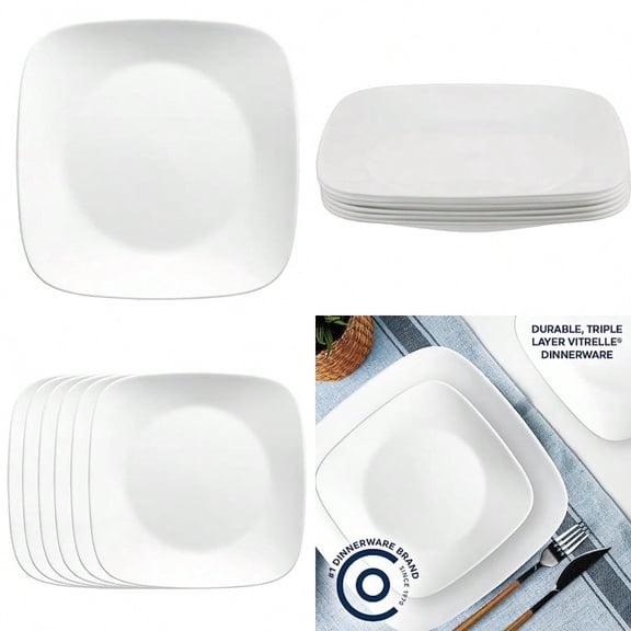Vitrelle 6-Piece Salad Plates Set Triple Layer Glass and Chip Resistant Lightweight Square 9-Inch Plates White