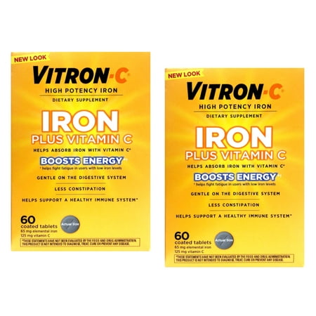 Vitron-C High Potency Iron Plus Vitamin C, Helps Absorb Iron, Gentle on Digestive System, Less Constipation, 60 Coated Tablets (pack of 2)