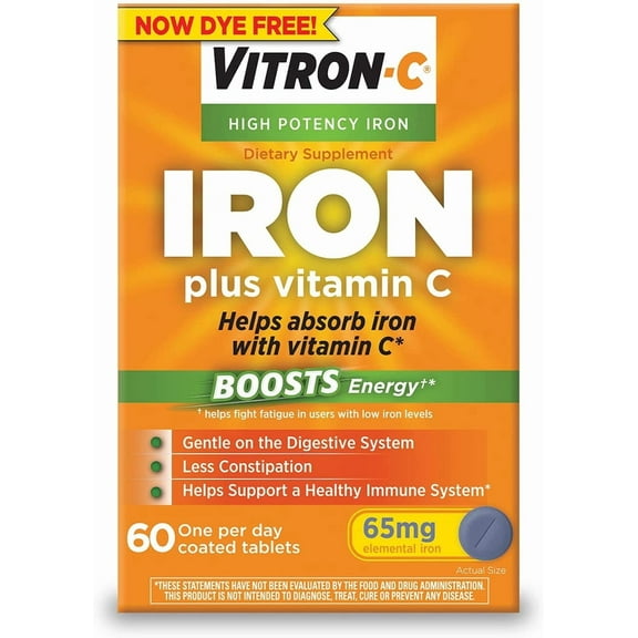 Vitron-C High Potency Iron Supplement with 125 mg Vitamin C, Dye Free, Vegan, Gluten Free, 60 Count