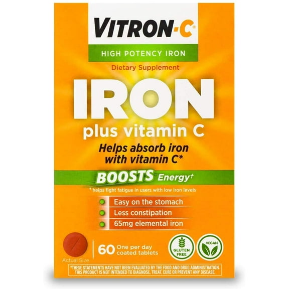 Vitron-C High Potency Iron Plus Vitamin C, Helps Absorb Iron, Gentle on Digestive System, Less Constipation, 60 Coated Tablets (pack of 3)