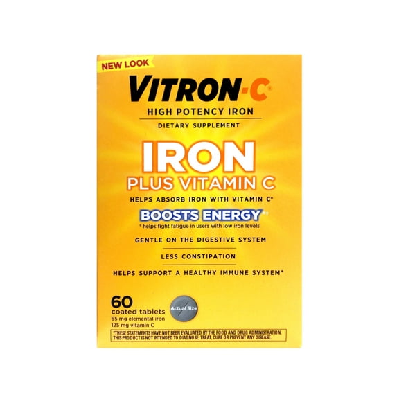 Vitron-C High Potency Iron Plus Vitamin C, Helps Absorb Iron, Gentle on Digestive System, Less Constipation, 60 Coated Tablets