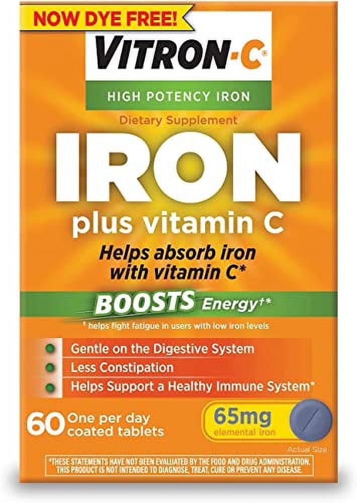 Vitron-C High Potency Iron Plus Vitamin C, Helps Absorb Iron, Gentle on Digestive System, Less Constipation, 60 Coated Tablets (pack of 5)