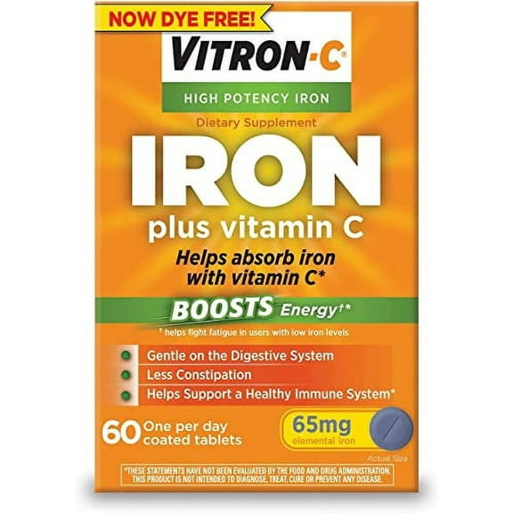 Vitron-C High Potency Iron Plus Vitamin C, Helps Absorb Iron, Gentle on Digestive System, Less Constipation, 60 Coated Tablets (pack of 5)