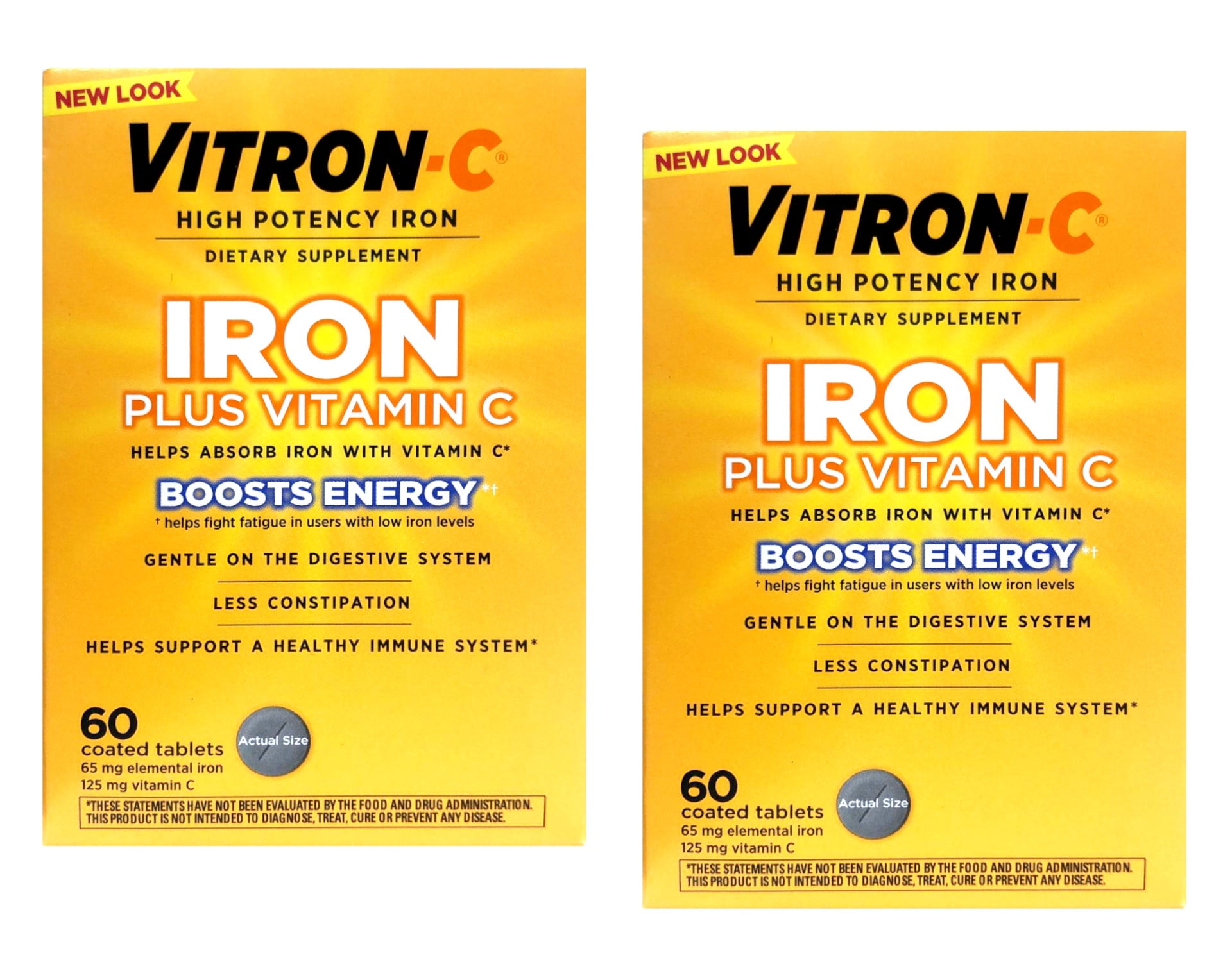 Vitron-C High Potency Iron Plus Vitamin C, Helps Absorb Iron, Gentle on Digestive System, Less Constipation, 60 Coated Tablets (pack of 2)