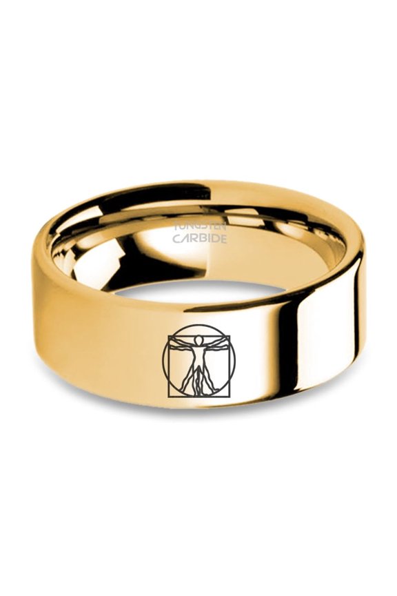 Vitruvian Man Circle Square Polished Yellow Gold Tungsten Ring, 8mm, Size 12.5