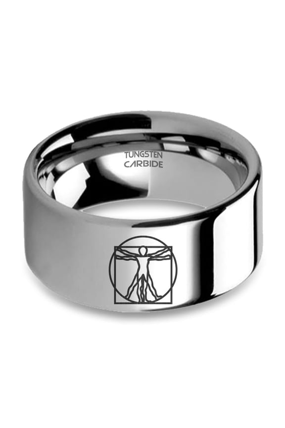 Vitruvian Man Da Vinci Engraved Silver Tungsten Carbide Ring, 10mm, Size 5