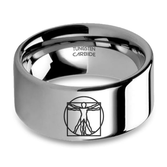 Vitruvian Man Da Vinci Engraved Silver Tungsten Carbide Ring, 10mm, Size 5
