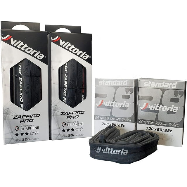 Vittoria Zaffiro Pro G2.0 Road Bike Tires Set with Inner Tubes - Includes 2 Zaffiro Pro Tires (700x25c) Plus 2 Standard Tubes (700X20/28 48mm) - Performance Training in All Conditions (Full Black)