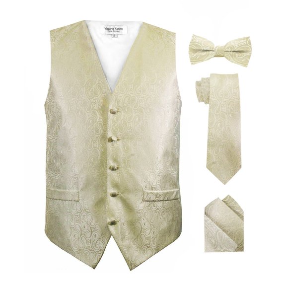 Vittorio Farina Men's Mint Woven Paisley Vest, Necktie, Bow Tie and Pocket Square Set (White Back)
