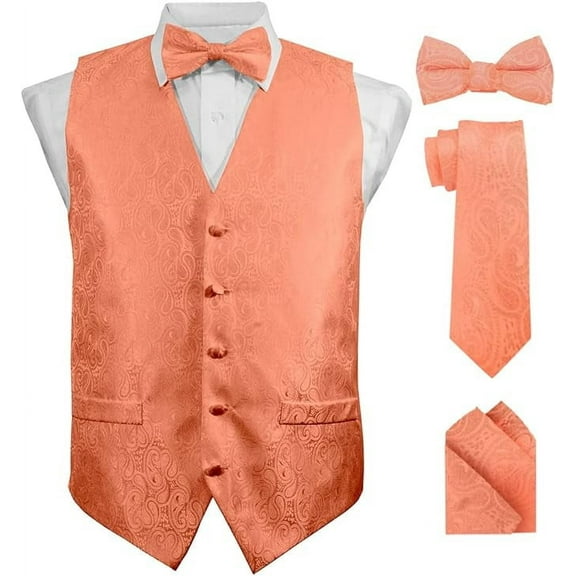 Vittorio Farina Men's Woven Paisley Vest, Necktie, Bow Tie and Pocket Square Set (Black Back)