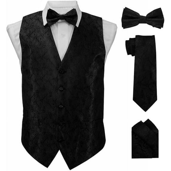 Vittorio Farina Men's Woven Paisley Vest, Necktie, Bow Tie and Pocket Square Set (Black Back)