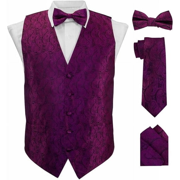 Vittorio Farina Men's Woven Paisley Vest, Necktie, Bow Tie and Pocket Square Set (Black Back)