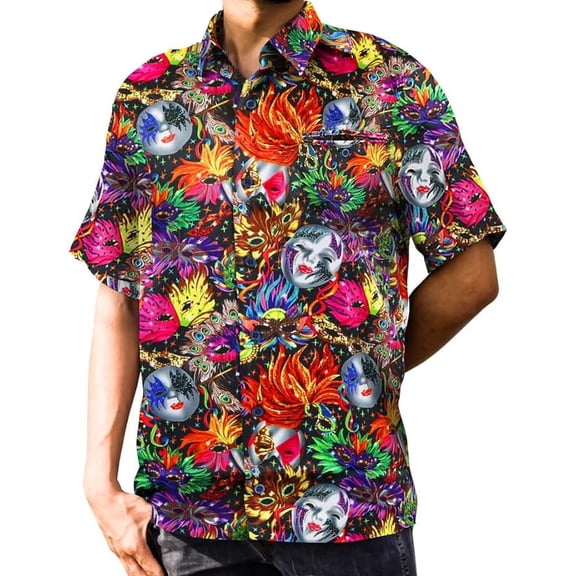 Vittorio Farina Vibrant Colorful Party Mask Print Mardi Gras Button Down Collar shirt