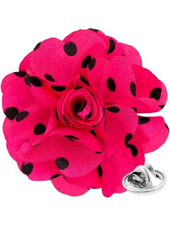 Flower Lapel Pin, Fushia Pink and Black Polka Dot, Stainless Steel