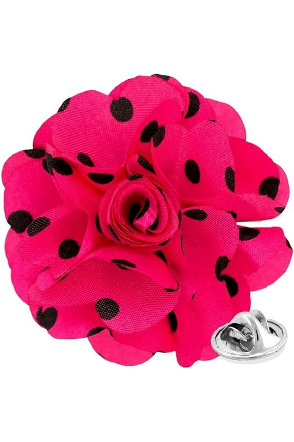 Flower Lapel Pin, Fushia Pink and Black Polka Dot, Stainless Steel