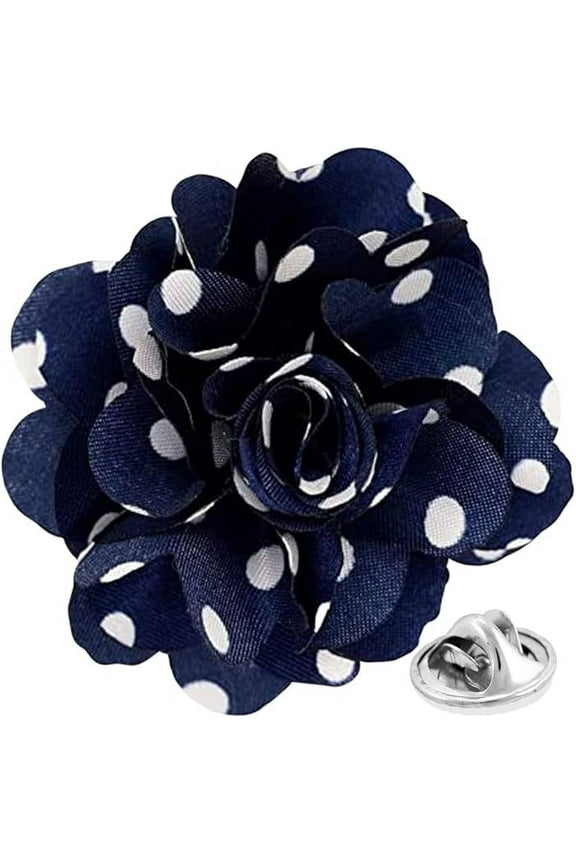 Flower Lapel Pin, Navy and White Polka Dot, Stainless Steel
