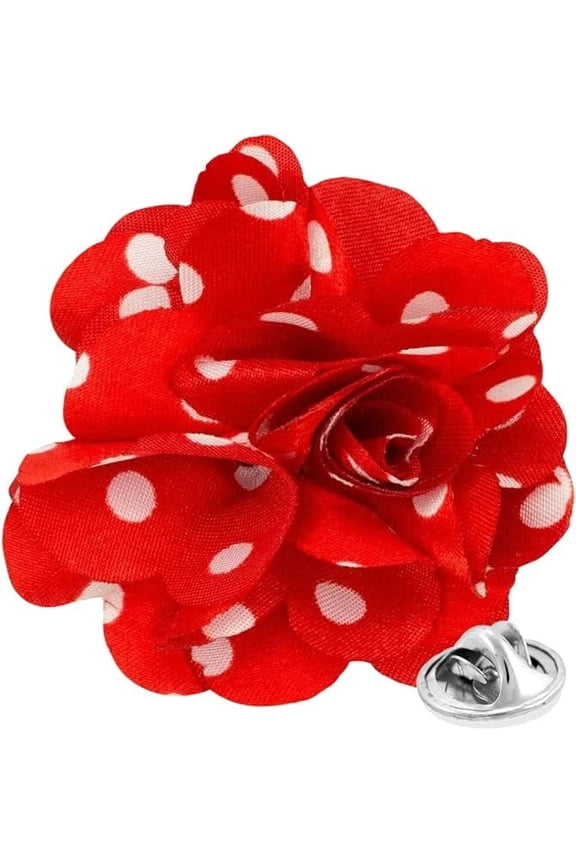 Flower Lapel Pin, Red and White Polka Dot, Stainless Steel