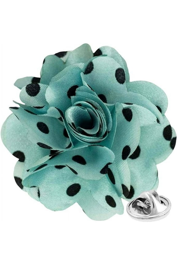 Flower Lapel Pin, Sky Blue and Black Polka Dot, Stainless Steel