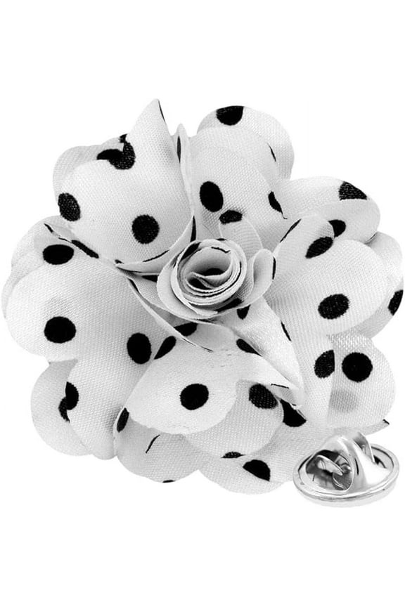 Flower Lapel Pin, White and Black Polka Dot, Stainless Steel