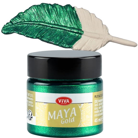 Viva Decor Maya Gold (Emerald) 1.52 Fl Oz - Shiny metallic acrylic paint for creative works on wood, glass, and porcelain. Impact-resistant, smudge-proof, and weatherproof for long-lasting