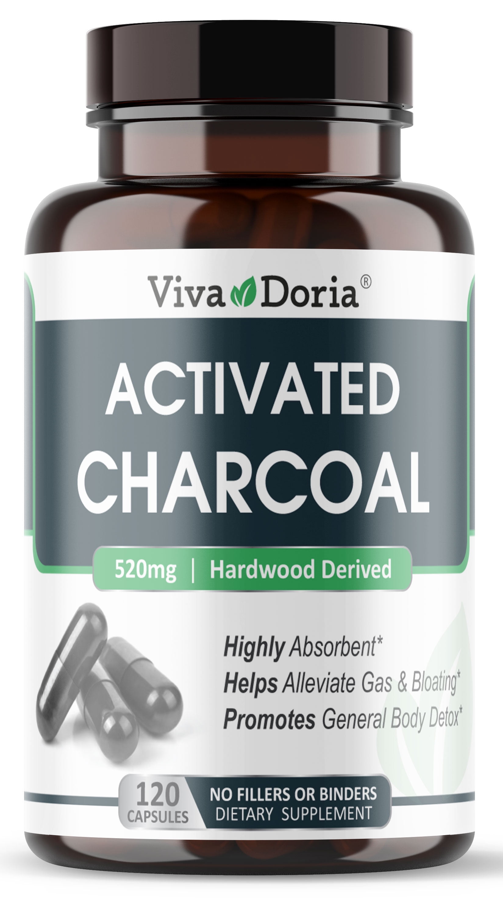 Viva Doria Activated Charcoal Capsules 520 mg, 120 Vegetable Capsules