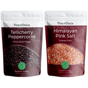 Viva Doria Tellicherry Peppercorn (Whole Black) 12 oz and Himalayan Pink Salt (Coarse Grain) 2 lbs for Grinder Refills