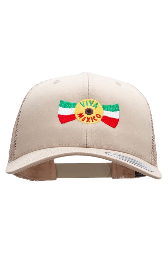 Viva Mexico Banner Embroidered Retro Trucker Cap - Khaki OSFM
