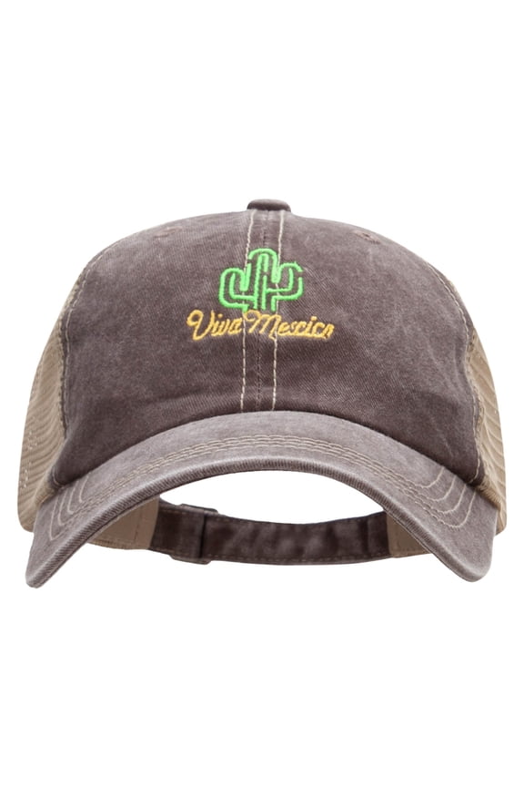 Viva Mexico Catus Embroidered Pigment Dyed Mesh Cap - Brown Khaki OSFM