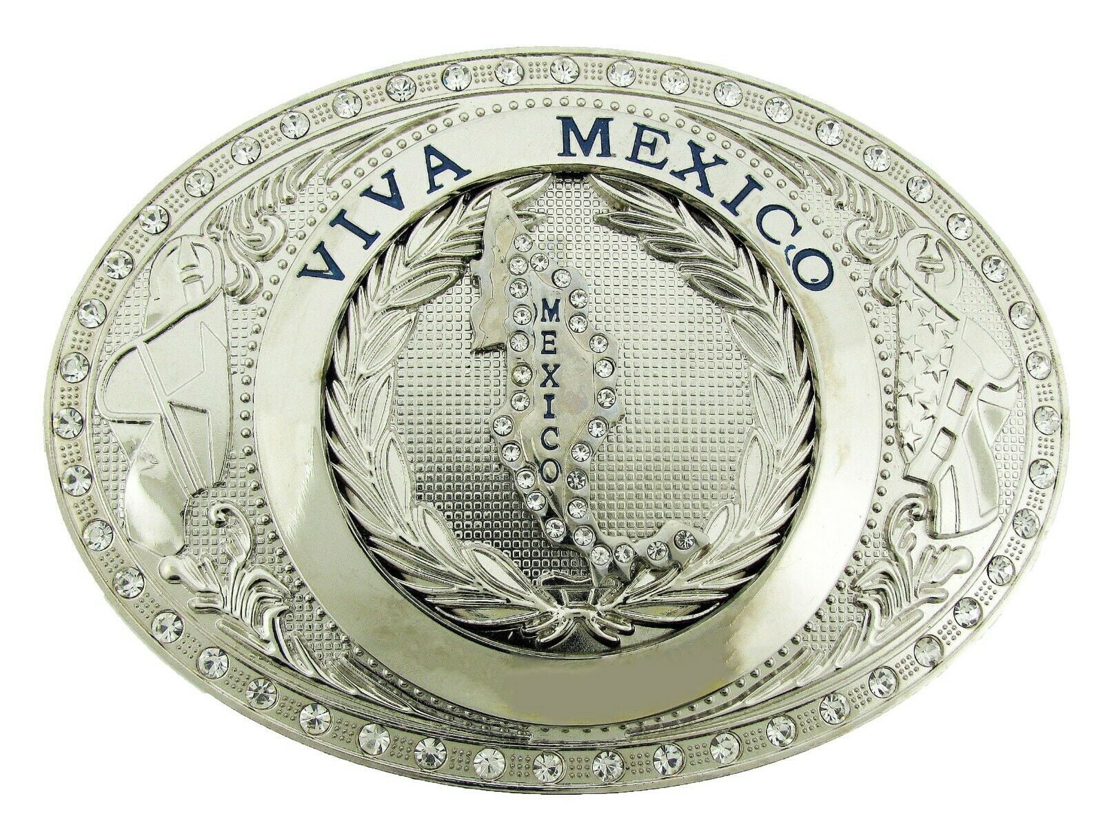 Western Rhinestone Belt Buckle Oval Silver Tone‎ Mexico West Star Texas Western Belt Mexican Flag Cowboy Style-8063  main image 2
