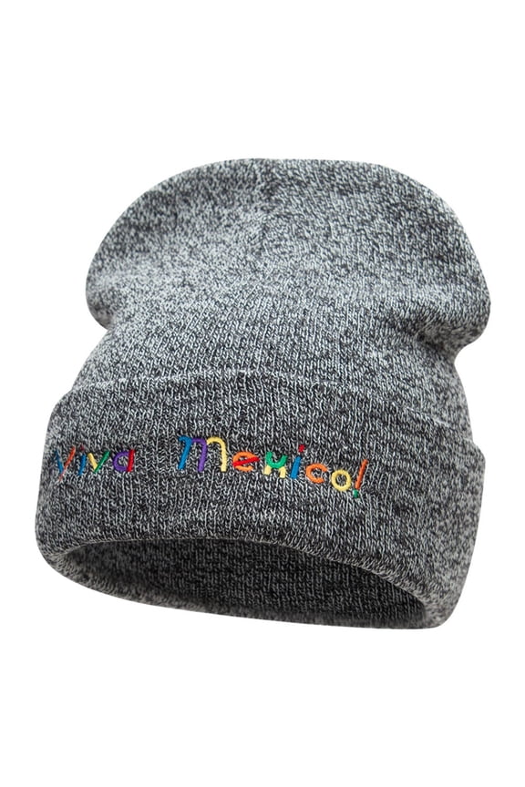 Viva Mexico Spanish Phrase Embroidered Long Knitted Beanie - Black Marled OSFM